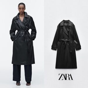 ZARA Faux Leather Trench Coat Black Belted Long